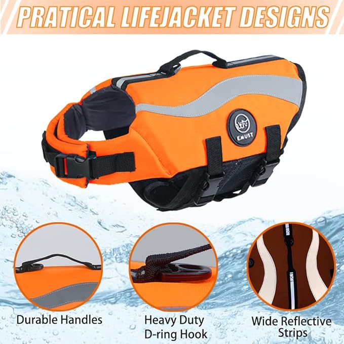 EMUST Dog Life Jacket, Reflective & Adjustable Dog Life Vests for Small/Medium/Large Dogs, Durable Dogs Water Vest for Dogs with Front Neck Float (XXL, Orange)