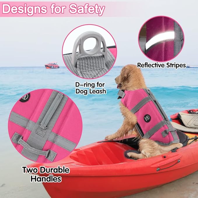 EMUST Dog Life Jacket, Lightweight Dog Life Vests with Rescue Handle for Small Medium and Large Dogs, Pet Safety Swimsuit Preserver for Swimming Pool Beach Boating, 2XL, NewSolidpink
