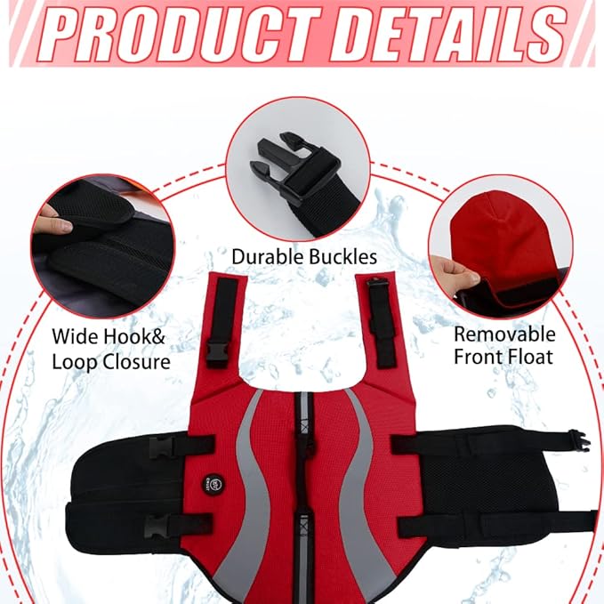 EMUST Dog Life Jacket, Ripstop Large Dog Life Vests Swimsuit for Boating/Swimming/Pool with Double Rescue Handles, Flotation Vest for Large Dogs, Red,XXL