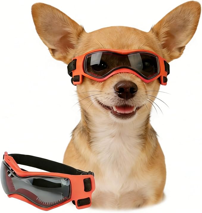 Enjoying Dog Sunglasses Small Breed, Dog Goggles UV Protection, Cycling Eye Protection for Small Dogs, Outdoors Breathable Windproof Dustproof Anti-Fog, Adjustable Straps, Cool Orange