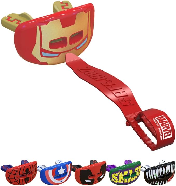 Marvel Iron Man Lip Guard, Football Mouth Guard with Detachable Strap, Lip Protector Adults and Junior, American Football, Lacrosse (One Size, Red Metallic)