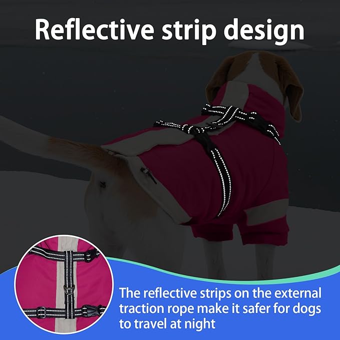 MIGOHI Rainproof Dog Winter Jacket with Harness,XXL Large Fleece Dog Coat with Sleeves,Adjustable Pet Puffer Jacket Snowsuit Cold Weather Coats for Golden Labrador Retriever,XXL,Rosered