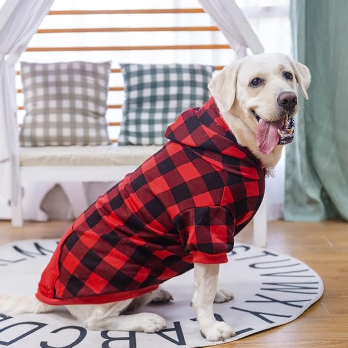EXPAWLORER Plaid Dog Hoodie - British Style Warm Dog Sweater Shirt with Leash Hole,Pitbull Clothes Outfits,Winter Coat Apparel for All Breeds Puppy Girl Boy-Cat Apparel,Buffalo Check Large