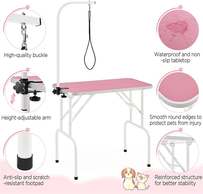 Yaheetech 32-inch Foldable Pet Dog Grooming Table w/Adjustable Height Arm - Drying Table for Home w/Noose for Small Dogs Cats, Maximum Capacity Up to 220lbs, Pink
