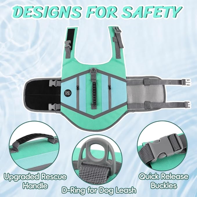 EMUST Dog Life Jackets, Durable Pet Life Jackets for Swimming, Boating with High Visibility, Stylish Dog Swimsuit with D-Ring for Swimming, Boating, Kayaking, Turquoise, XL