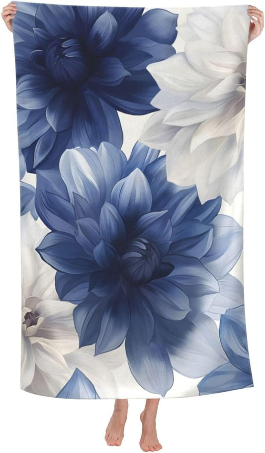 Blue Floral Beach Towel Dahlia Flower Sand-Free Microfiber Bath Towel Ultra Soft Quick Dry Pool Towel Absorbent Towel Lightweight Towel Gifts for Outdoor Bathroom Swimming Decor 31inx51in