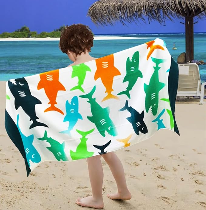 YIFONTIN Kids Beach Towel Super Soft Absorbent Cotton Velour Terry Blanket Throw 24"X48" for Bath Travel Camping Picnic Swimming Pool, Shark Group.