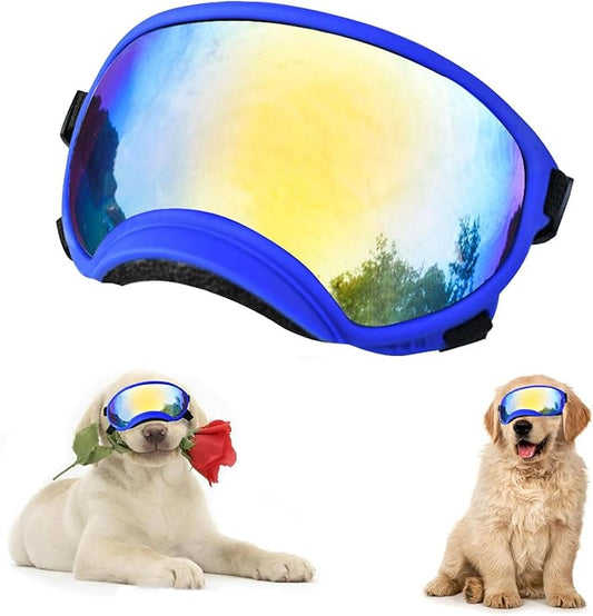 Soft Samll Dog Sunglasses Dog Goggles for Large Breed UV/Wind/Dust Protection Winproof Dog Puppy Sunglasses Pet Glasses Eye Wear with Adjustable Strap (Bule Frame & Colored Lens/Small)