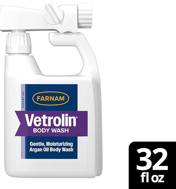 Farnam Vetrolin Body Wash, Time-Saving with No Scrubbing, Gentle and Moisturizing with Argan Oil, Soothes Dry Skin, for Horses and Dogs, 32 fl oz.