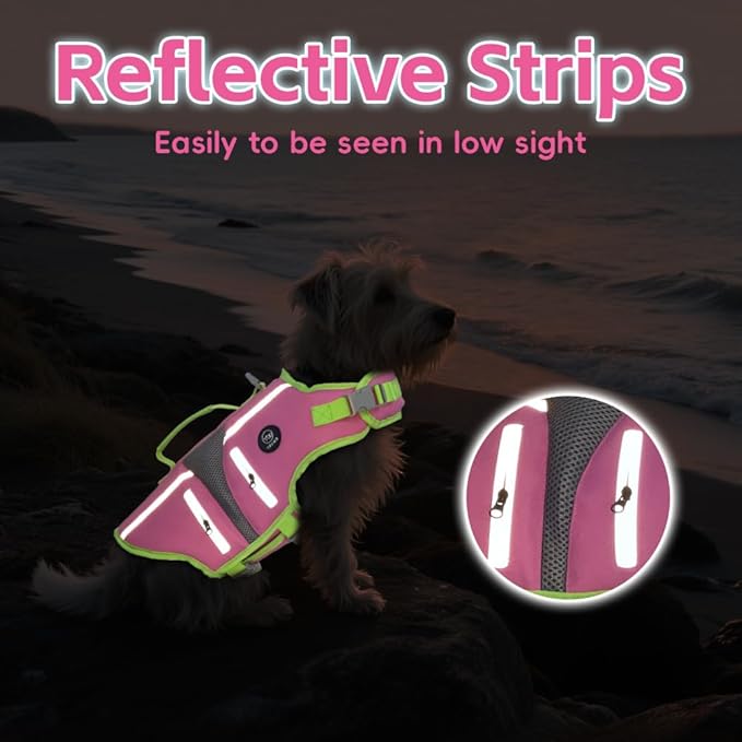 EMUST Dog Life Jacket, Lightweight Reinforced Dog Swim Vest for Small Medium Large Dogs with Pockets, Reflective Pet Float Coat Lifesaver for Boating Swimming Pool, Pink, M