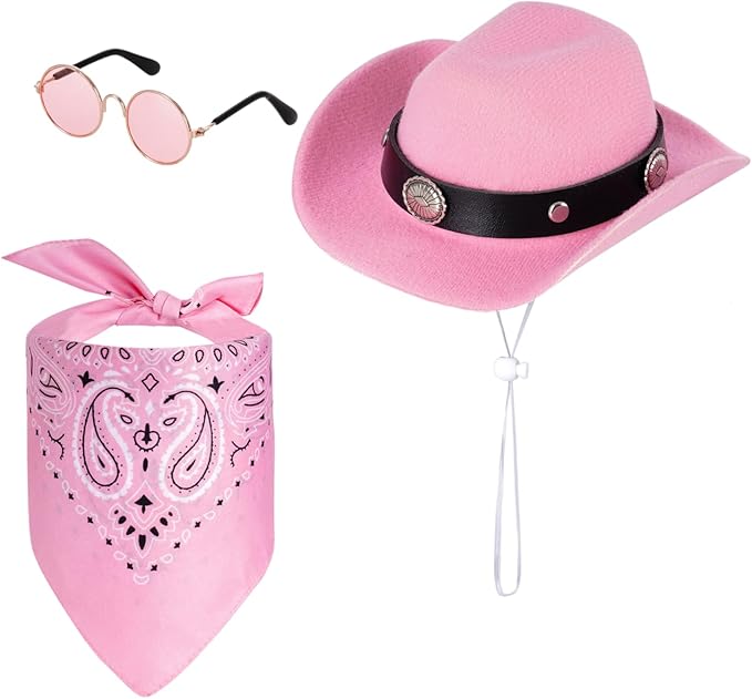 Cowboy Costume Set for Small Dog Cat Pet Mini Cowboy Hat Sunglasses with Bandana for Halloween Holiday Party Cosplay (Pink)