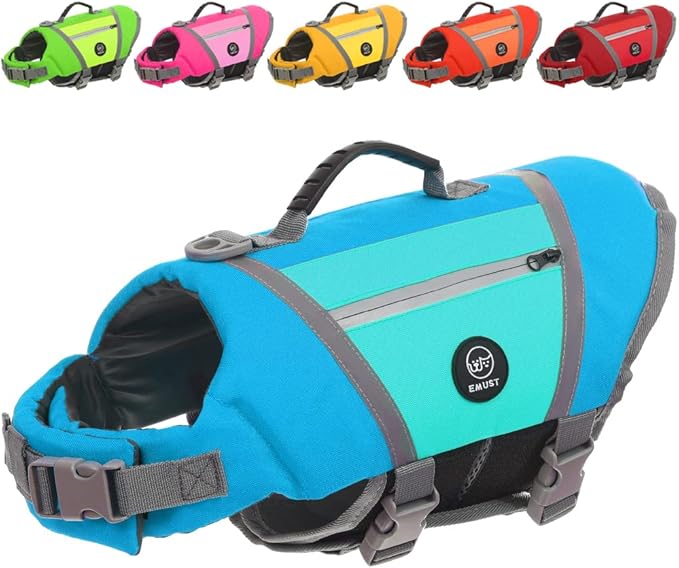 EMUST Dog Flotation Vest, High Visibility Life Vests for Dogs with High Buoyancy, Heavy-Duty Dog Life Jackets for Large Dogs with Adjustable Straps for Pugs, Boxers, Basset Hounds, Blue, L