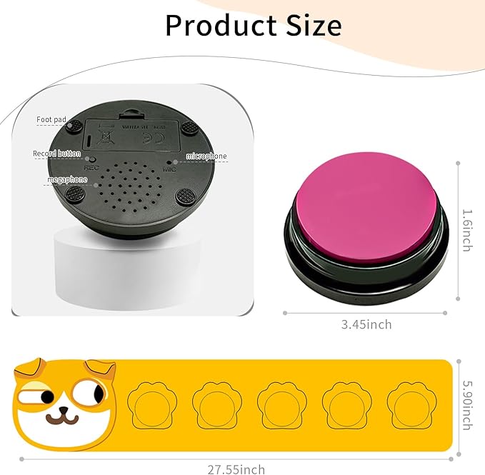RIBOSY Dog Buttons for Communication, 5 Pcs Dog Speech Training Buzzers with Non-Slip Rubber Pad and 50 Stickers, 30 Seconds Voice Recording Button for Pet to Voice What They Want (Battery Included)