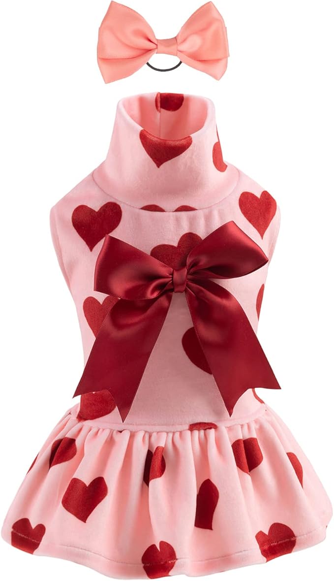 CuteBone Turtleneck Dog Velvet Dress Puppy Skirt Costume Pet Clothes Cat Apparel with Bow Hair Rope for Small Dogs CVD02XXS