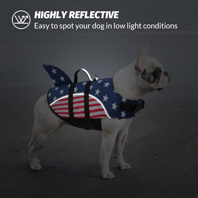 Queenmore Large Dog Life Vest for Boating, American Flag Dog Life Vest for Swimming, Lightweight Medium Dog Life Jacket with Shark Fin/Rescue Handle/Leash Hook, L