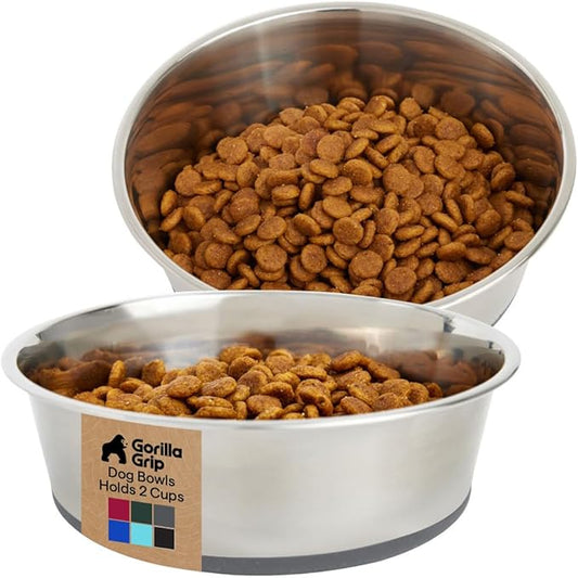 GORILLA GRIP Dog Bowls, Heavy Duty 304 Stainless Steel, Holds 2 Cups Each (16 fl oz) Food and Water Bowl for Feeding Dogs and Cats, Dishwasher Safe, Rust Resistant, BPA Free Rubber Base Set of 2 Gray