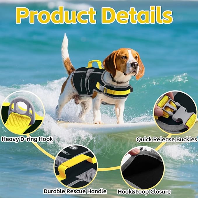 EMUST Dog Life Jacket, Reflective Dog Life Vest for Swimming with 4 Pockets, High Buoyancy Small Medium Large Dog Floating Vest with Reinforced Rescue Handle, Black, XS