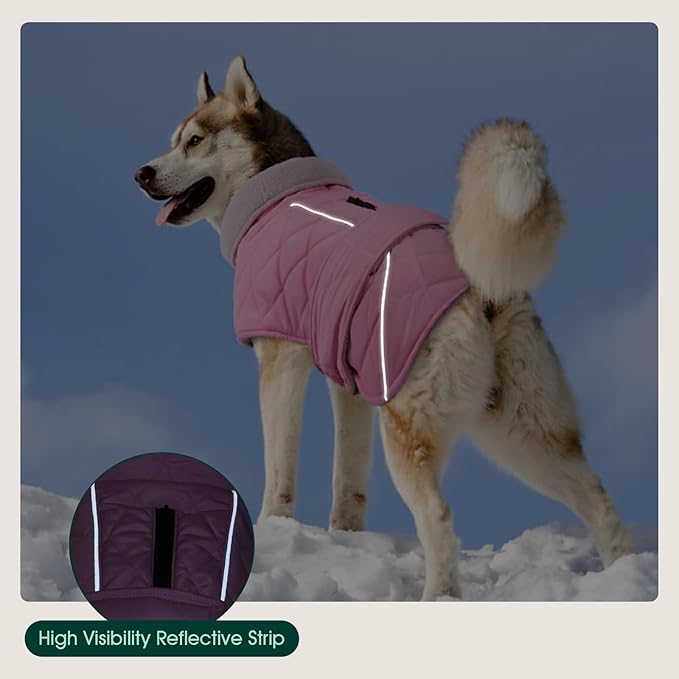 Kuoser Dog Jacket Warm Fleece Lined Dog Coats for Small Dogs, Waterproof Pet Coat Reflective Puppy Snowsuit with Harness Hole for Cold Weather Walking Hiking, Quilted Dogs Winter Vest, Pink, S