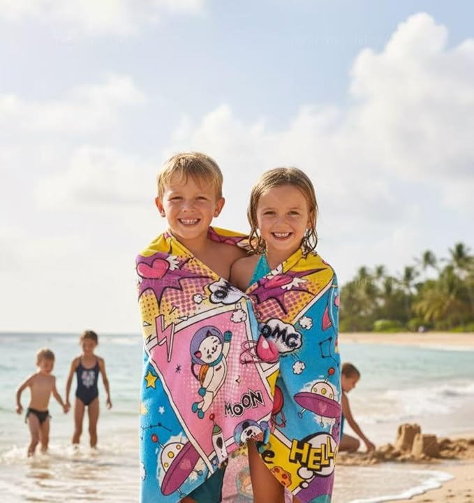 YIFONTIN Kids Beach Towel Soft Absorbent Velour Throw Blanket 100% Cotton 51.0"x25.5" Gift for Bath Swimming Sports Camping Picnic Travel Vacation, Space Planet Rocket Unicorn Bear Panda UFO.