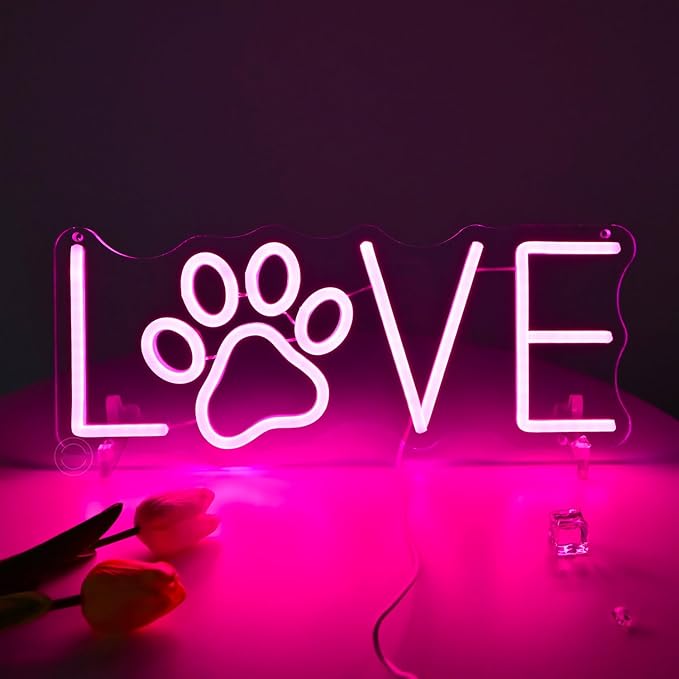 Britrio Pink Love LED Neon Light Sign Dog Paw Neon Sign Wall Decor for Pet Room Dog Cat Lover Girl Bedroom Wife Women Birthday Wedding Gift Living Room Home Decor Neon Night Light USB Powered 15.75”