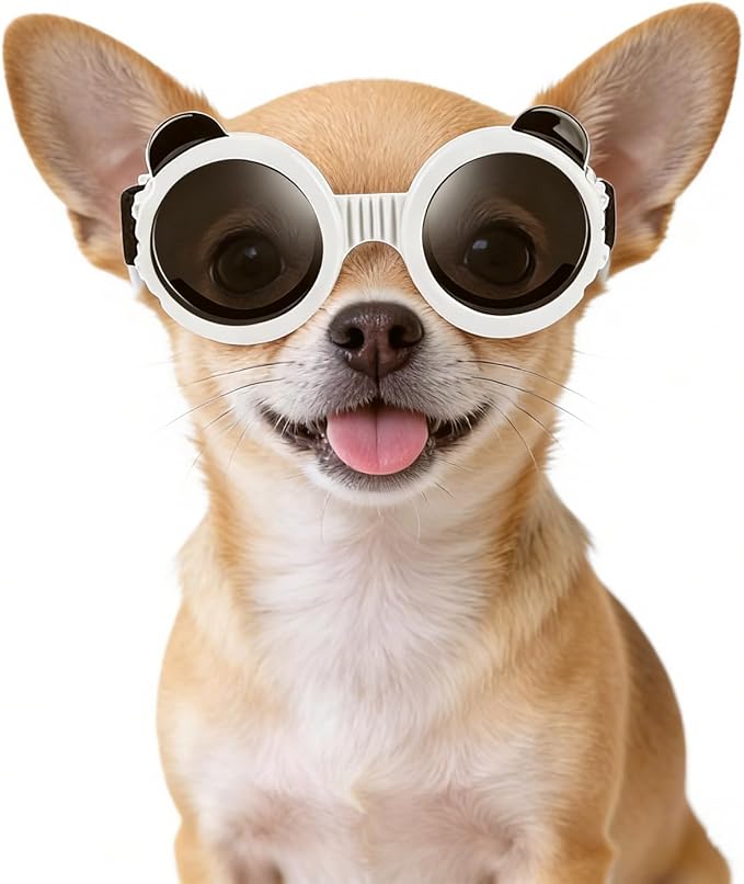 Enjoying Dog Goggles Extra-Small to Small Breeds, Dog Sunglasses UV Protection, Driving Eye Protection for Little Dogs, Breathable Windproof Dustproof Anti-Fog, Adjustable Straps, Panda White