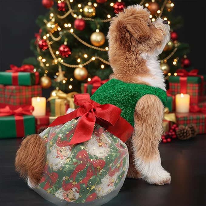 Christmas Dog Dress, Festive Holiday Pet Outfit, Shiny Green Top with Glittery Red Bow and Santa Claus Print Skirt for Boys and Girls Small Puppies