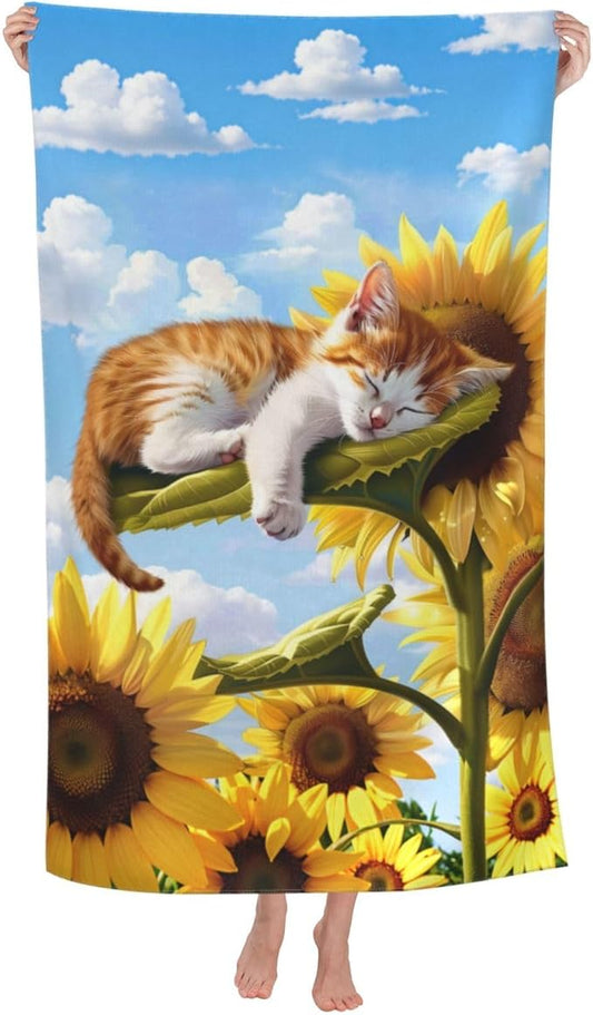 Sleeping Cat Beach Towel,32x52in Microfiber Quick Dry Cute Kitten Sunflower Bath Towels,Soft Lightweight Oversized Sand Free,for Travel Pool Swimming Gym Decor,Gifts