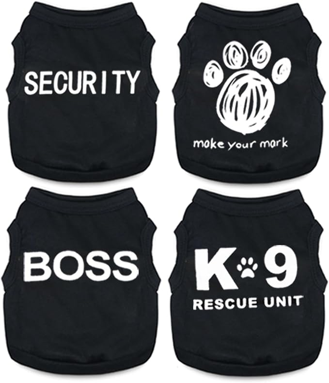 4 Pack Dog Clothes for Small Dogs Boy Male Summer Letter Security Dog Shirts Cute Cool Clothes for Chihuahua Dachshund Yorkie Shih Tzu, Pet Cat Outfit Clothing, XS,Black