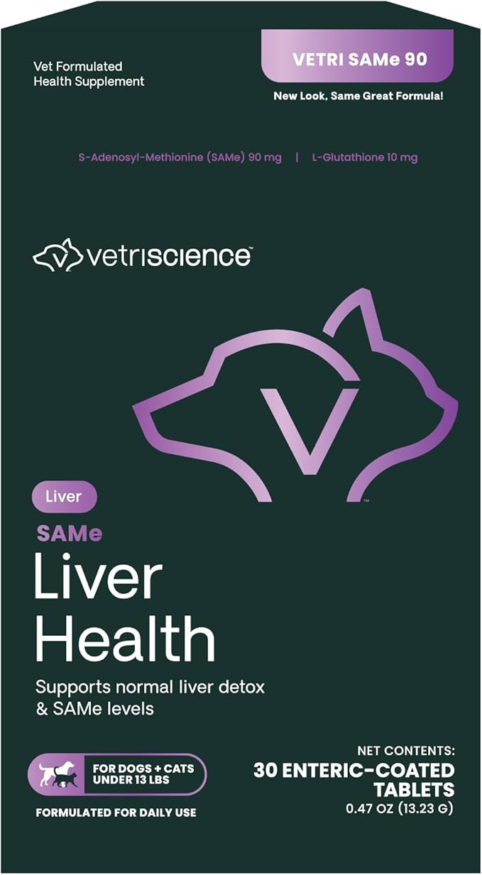 VetriScience Same Liver Health Tablets, 90 mg S-Adenosyl-Methionine Health and Detox Supplement for Cats and Small Dogs Under 13 Pounds, Glutathione Antioxidant Support, 30 Count