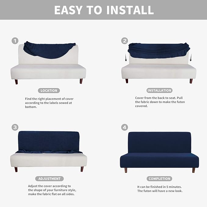 Easy-Going 100% Waterproof Futon Cover, Dual Waterproof Couch Cover for Futon, Stretch Jacquard Sofa Cover, Leakproof Furniture Protector for Kids, Pets, Dog and Cat (Medium, Navy)