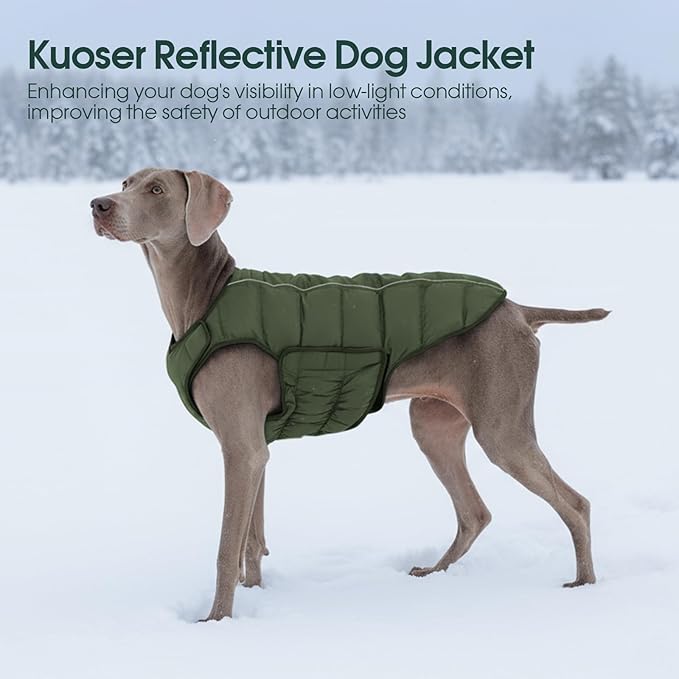Kuoser Dog Puffer Jacket Warm Dog Coat for Extra Large Dogs, Windproof Reflective Pet Padded Vest Cold Weather Clothes Puppy Snowsuit with Hook & Loop Coats, Easy On/Off, Green 3XL