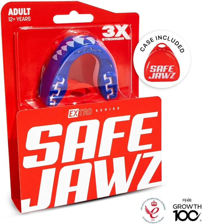 SAFEJAWZ Mouth Guard, Dual Layer Mouthguard for Adults with Case, Easy Fit Remoldable Mouthpiece for Football, Boxing, Lacrosse, MMA, Basketball & All Contact Sports (Adult 12+ Years, Shark Blue)