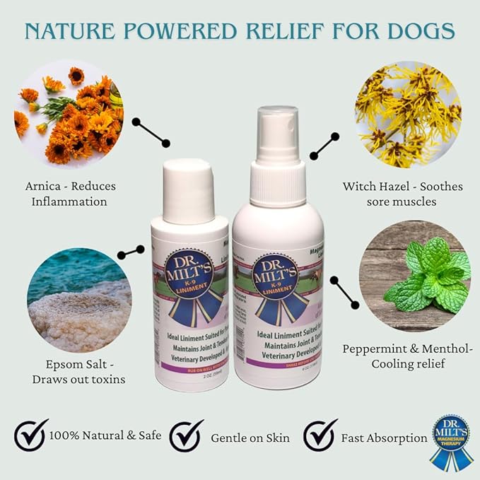 Dr. Milt's Dog Hip and Joint Pain Relief Spray and Gel, Topical Magnesium Sulfate & Arnica Ointment. Reduces Inflammation, Lessens Tenderness and Alleviates Nervousness. 1-4oz Spray & 1-2oz Gel