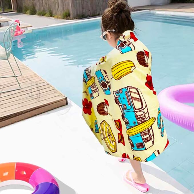 YIFONTIN Kids Beach Towel Velour Terry Blanket Throw 100% Cotton Super Soft Absorbent 25.5X51 inches for Bath Swimming Sports Camping Holiday Picnic, Bus Coconut Parasol Lounge Audio Player.