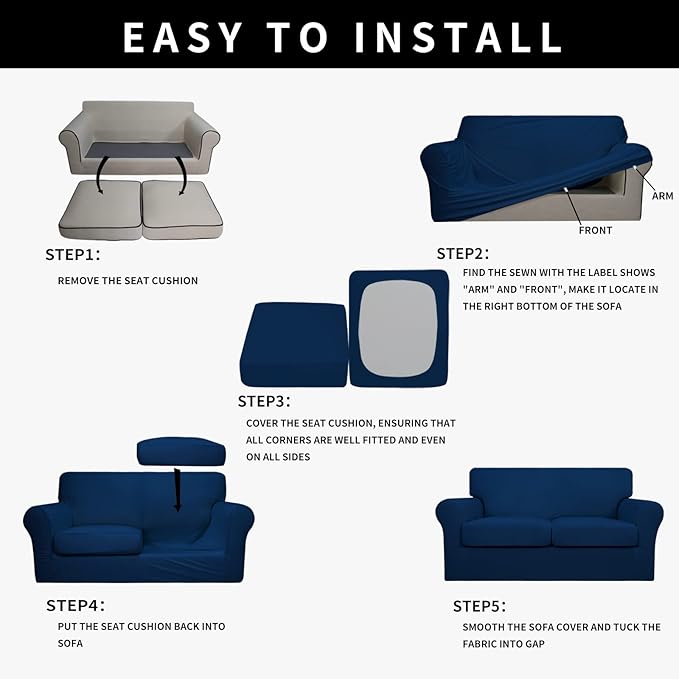 Easy-Going 100% Dual Waterproof 3 Pieces Loveseat Cover Stretch Soft Couch Cover for Dogs, Sofa Slipcover for 2 Separate Cushion Couch Leakproof Furniture Protector for Kids, Pets Navy
