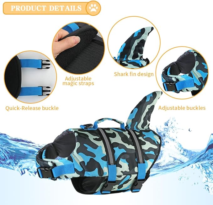 Doglay Dog Life Jacket, Ripstop Cute Shark Dog Life Jacket with Superior Buoyancy and Rescue Handle, Adjustable Dog Life Vests for Swimming Boating, Pet Flotation Vest for Small Medium Large Dogs