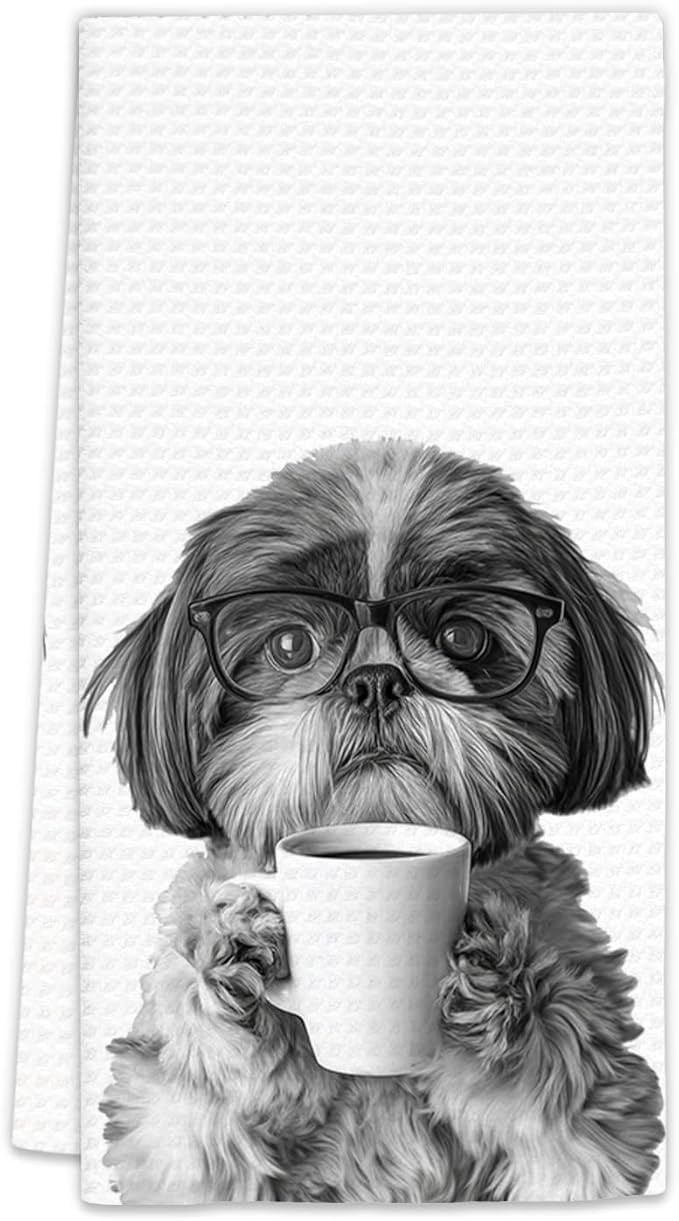 Shih Tzu Gifts Coffee Kitchen Towels, Gifts for Dog Coffee Lovers Decorative Hand Dish Tea Towel for Kitchen Home Bar, Funny Shih Tzu Dog Owners CoffeeBar Decor(16x24In)