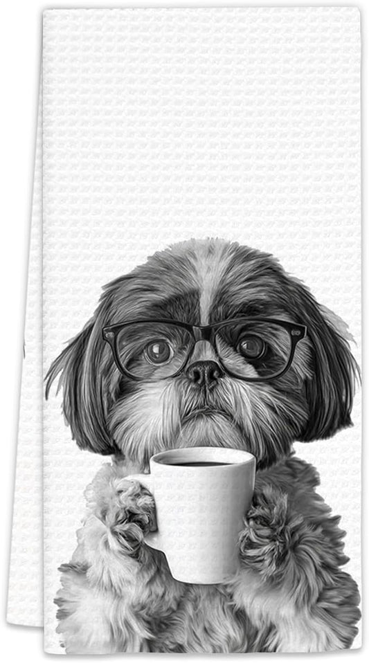 Shih Tzu Gifts Coffee Kitchen Towels, Gifts for Dog Coffee Lovers Decorative Hand Dish Tea Towel for Kitchen Home Bar, Funny Shih Tzu Dog Owners CoffeeBar Decor(16x24In)