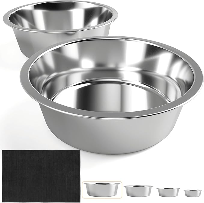 Stainless Steel Dog Bowls with Mat - Nonslip EVA Rubber Bottom Ring - Food & Water Bowl for Dogs, Cats - Dishwasher Safe