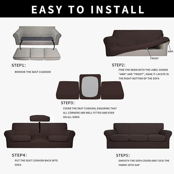 Easy-Going 100% Dual Waterproof 4 Pieces Stretch Soft Couch Cover for Dogs, Sofa Slipcover for 3 Separate Cushion Couch Leakproof Furniture Protector for Kids, Pets Chocolate