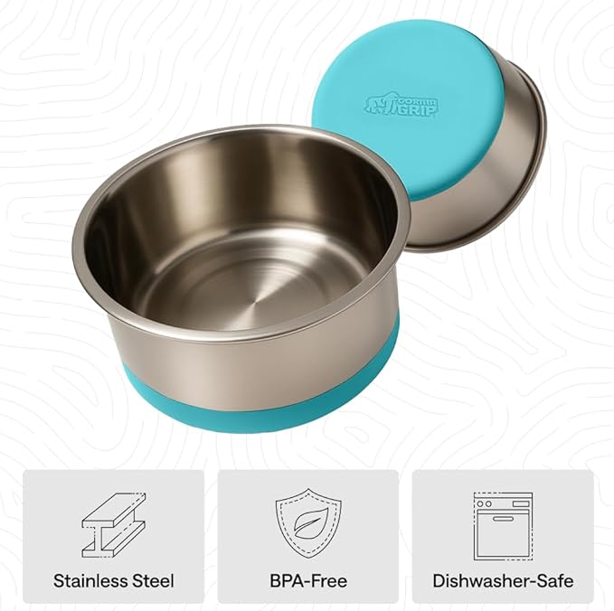 GORILLA GRIP Dog Bowls, Heavy Duty 304 Stainless Steel Holds 6 Cups Each (48 fl oz) Food and Water Bowl for Feeding Dogs and Cats Dishwasher Safe Rust Resistant BPA Free Rubber Base Set of 2 Turquoise