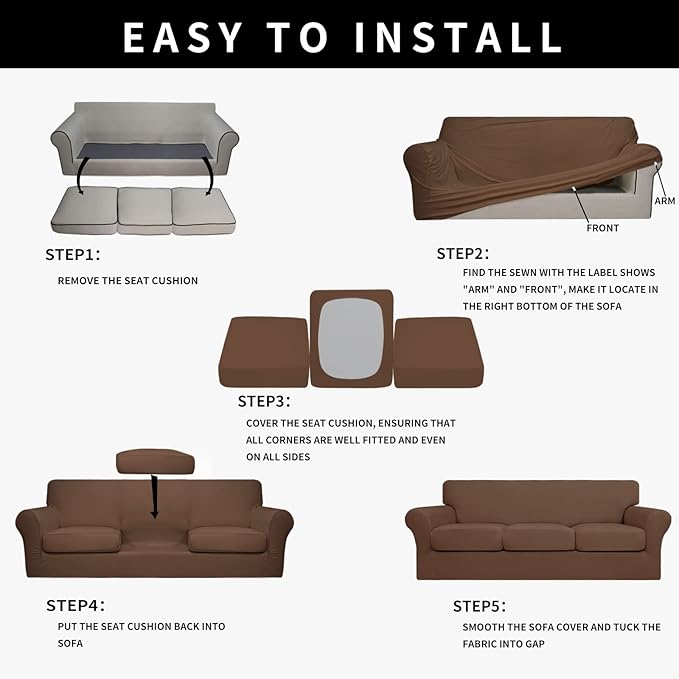 Easy-Going 100% Dual Waterproof 4 Pieces Stretch Soft Couch Cover for Dogs, Sofa Slipcover for 3 Separate Cushion Couch Leakproof Furniture Protector for Kids, Pets Brown