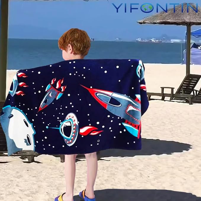 YIFONTIN Kids Beach Towel Velour Terry Blanket Throw 100% Cotton 24X48 inches for Swimming Bath Travel Sports Holiday Camping and Picnic, Navy Spaceship Rocket.