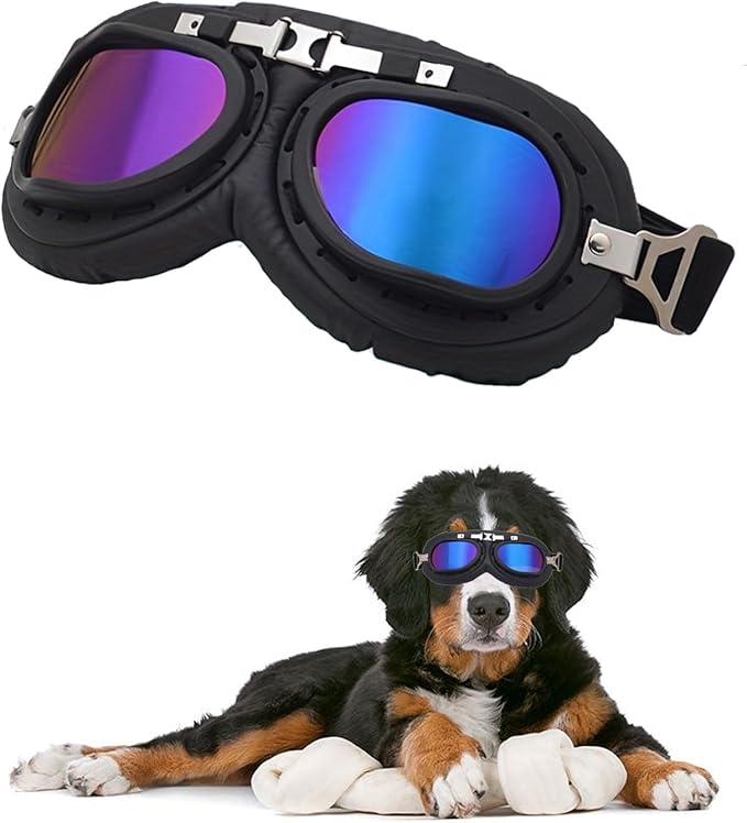Pet Dog Vintage Sunglasses Include Eyeglass Cleaning Cloth for Medium, Large Dogs UV Goggles Windproof Anti-Dust Snowproof Motorcycle Glasses with Adjustable Straps (Blue)