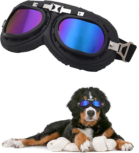 Pet Dog Vintage Sunglasses Include Eyeglass Cleaning Cloth for Medium, Large Dogs UV Goggles Windproof Anti-Dust Snowproof Motorcycle Glasses with Adjustable Straps (Blue)