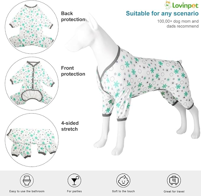LovinPet Dog Pajamas for Large Dogs Boy,Pet Anxiety Relief PJ's,Uv Protection Pet Tshirt,Dog Comfy Stretchy Fabric,Mint Floral Print, Pullover Pitbull Clothes for All Seasons,Medium