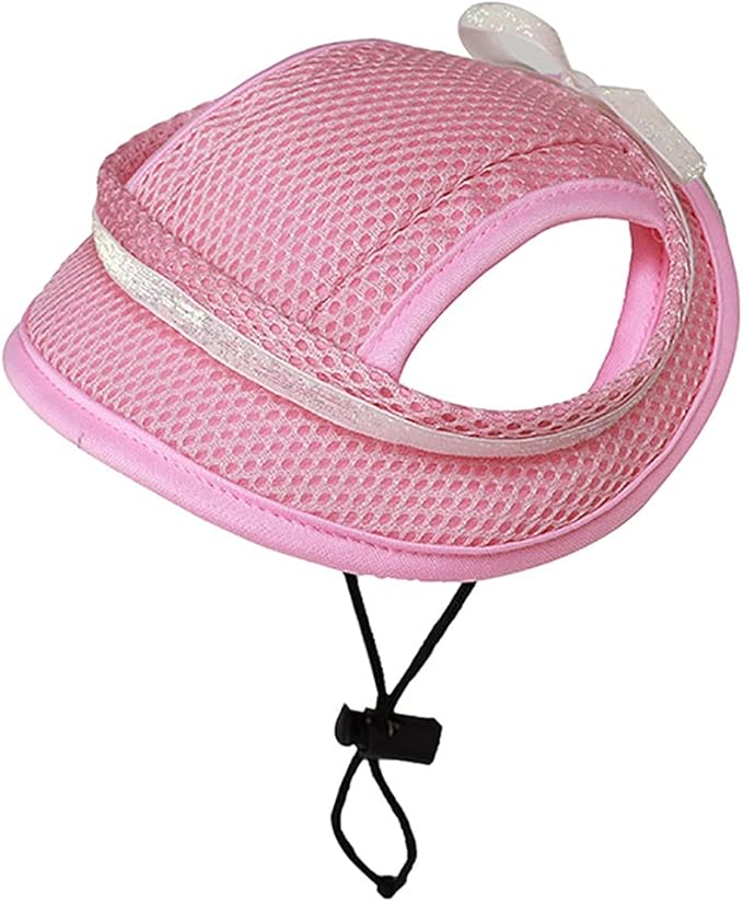 Round Brim Princess Hat Visor Hat Pet Dog Mesh Porous Sun Hat with Ear Holes for Small, Extra Small Dog Teddy, Pug, Chihuahua, Shih Tzu, Yorkshire Terriers, Papillon Pink with bowknit M