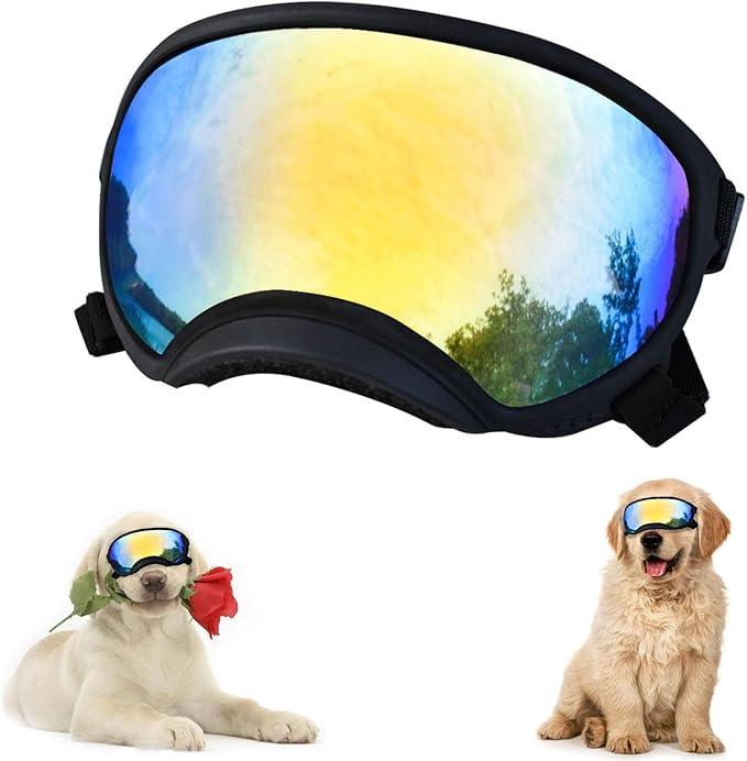 Soft Samll Dog Sunglasses Dog Goggles for Large Breed UV/Wind/Dust Protection Winproof Dog Puppy Sunglasses Pet Glasses Eye Wear with Adjustable Strap (Black Frame & Colored Lens/Large)