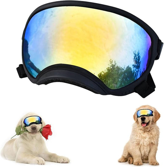 Soft Samll Dog Sunglasses Dog Goggles for Large Breed UV/Wind/Dust Protection Winproof Dog Puppy Sunglasses Pet Glasses Eye Wear with Adjustable Strap (Black Frame & Colored Lens/Large)