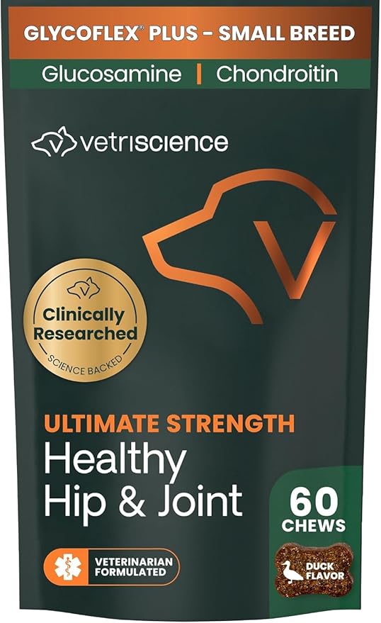 VetriScience Ultimate Strength Healthy Hip & Joint Chews, GlycoFlex Glucosamine, Chondroitin and Green-Lipped Mussel Joint Supplement for Small Breed Dogs, Soothe Joint Discomfort, Duck, 60 Count